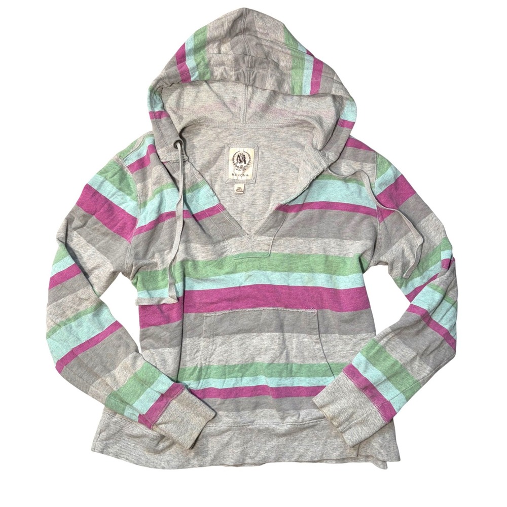 Y2K Striped Preppy XXL Striped V-Neck Hoodie Cotton French Pullover Grey Multi